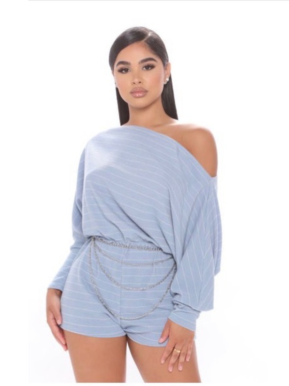 Fashion Nova Light Blue Striped Off-Shoulder Kids One Piece Romper